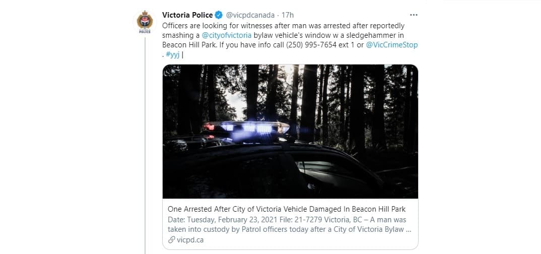 man-arrested-after-a-city-of-victoria-parks-vehicle-was-damaged-victoria-police