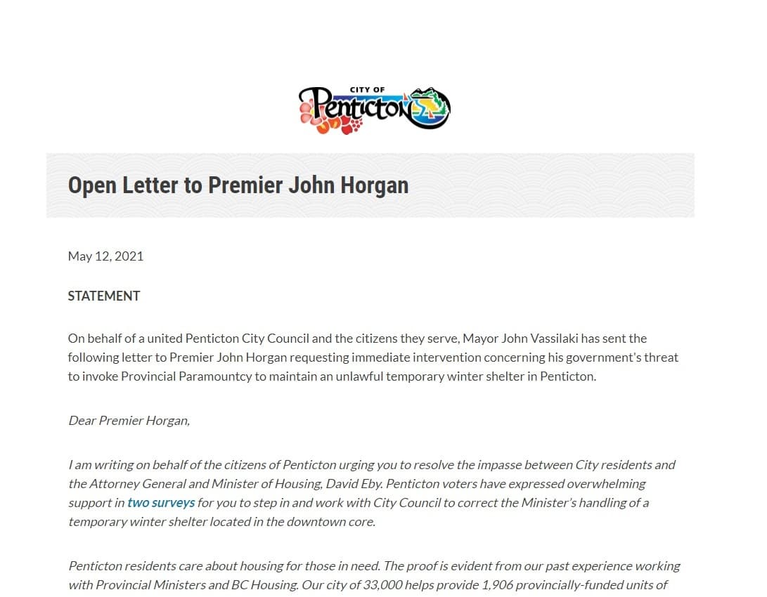penticton-council-writes-letter-to-premier-seeking-intervention-in-shelter-dispute